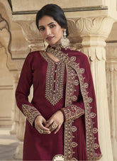 Salwar Suit of Dola Silk in Maroon